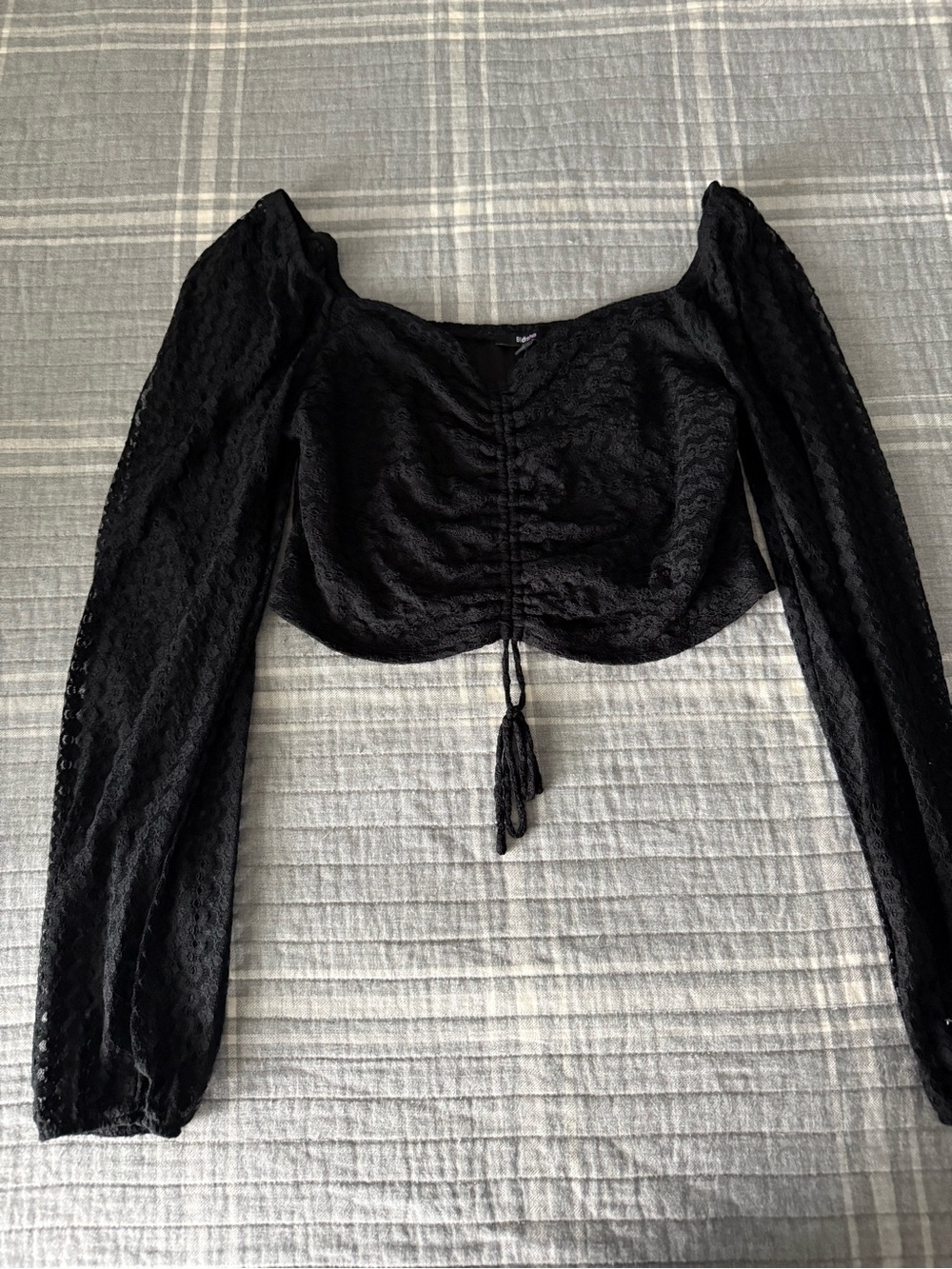 Black Ruched Tie-Front Long Sleeve Crop Top - Women